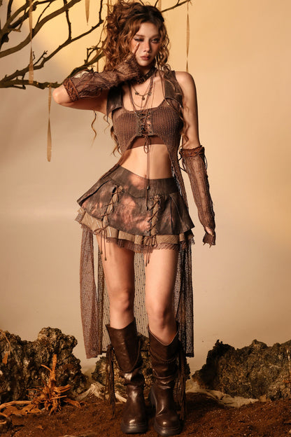 Ember Wasteland Mesh Hollow-Out Long Vest Set-Up
