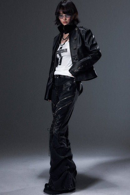 Distressed Pleated Lace-Up Denim Jeans