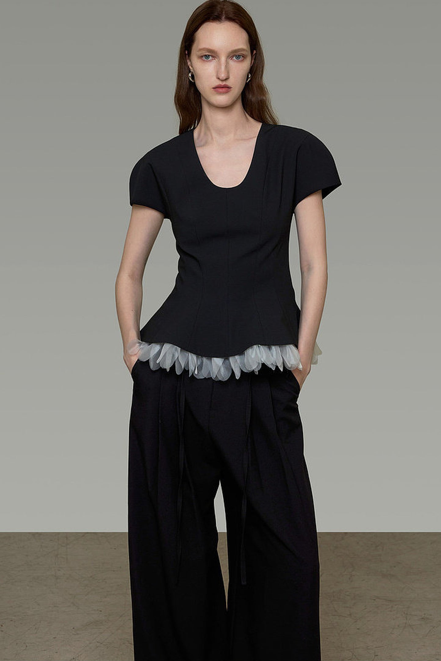 Color-Blocked U-Neck Waist-Cinching Blouse