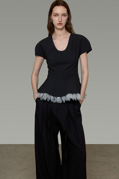 Color-Blocked U-Neck Waist-Cinching Blouse
