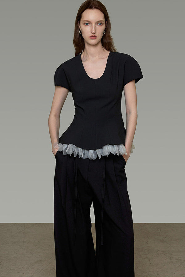 Color-Blocked U-Neck Waist-Cinching Blouse