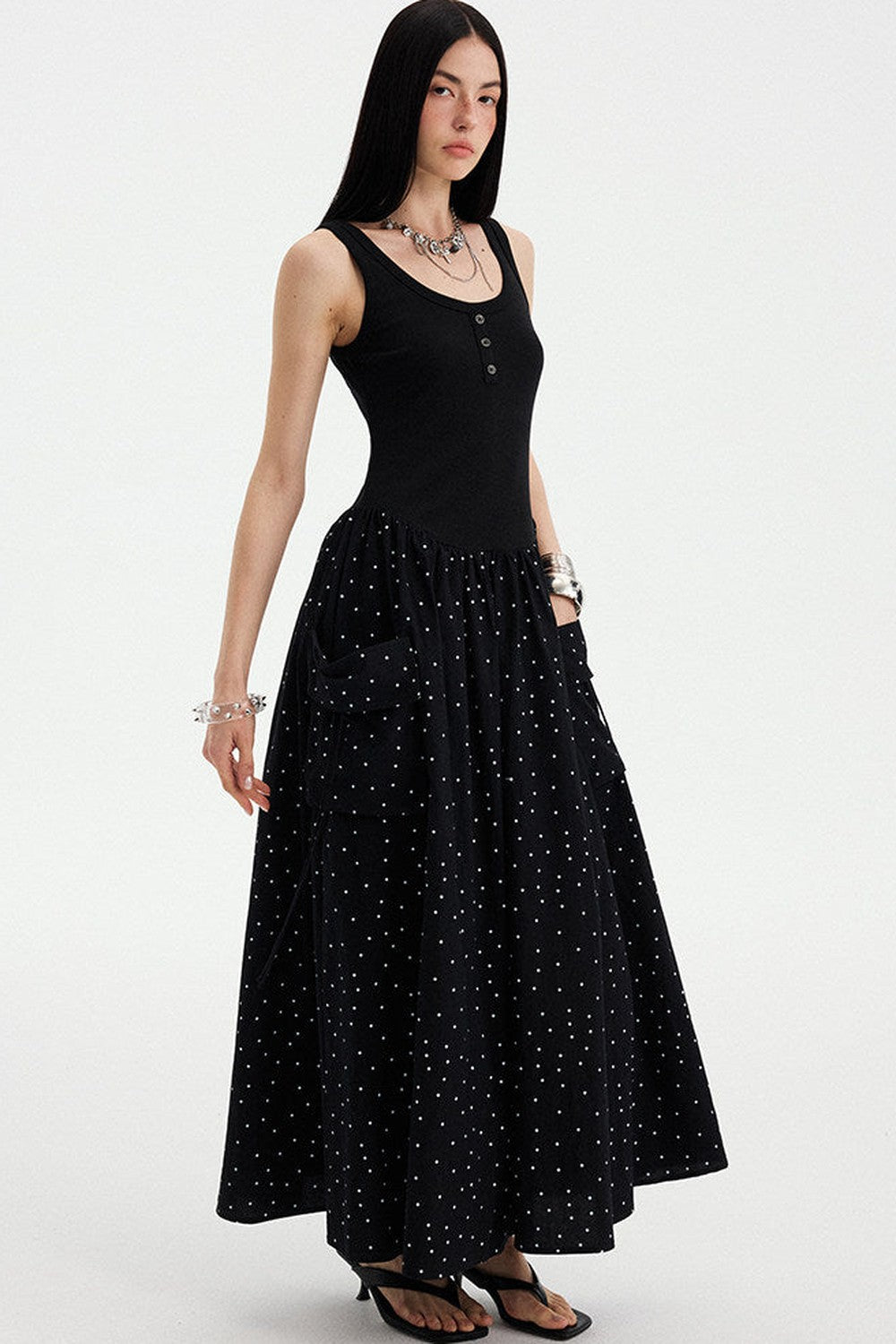 Sleeveless Polka Dot A-Line Maxi Dress