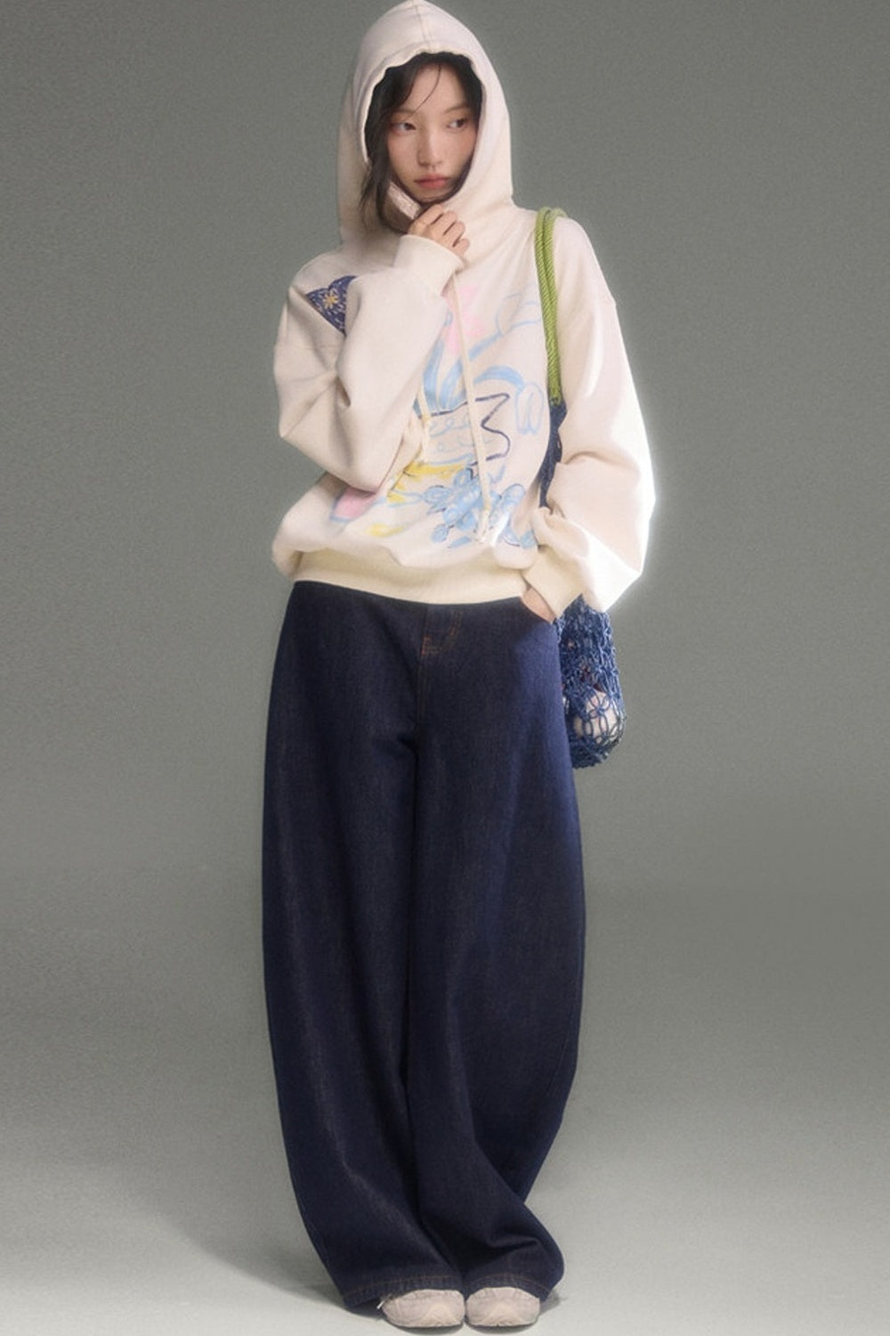 Ear Detail Bird Fruit Print Sweatshirt and Skirt Set-Up
