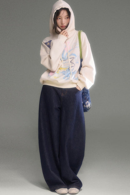 Ear Detail Bird Fruit Print Sweatshirt and Skirt Set-Up