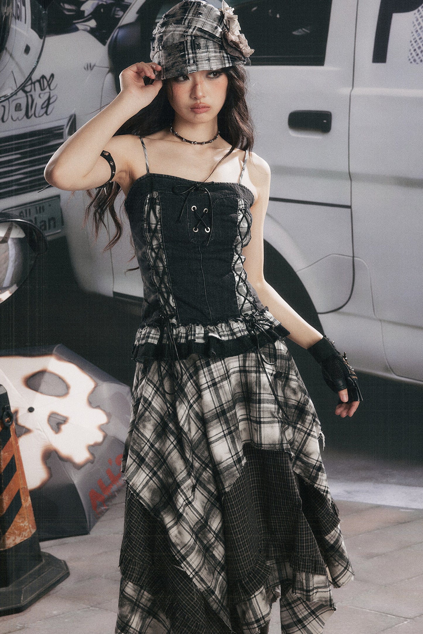 Plaid Splicing Ruffled Denim Camisole Top