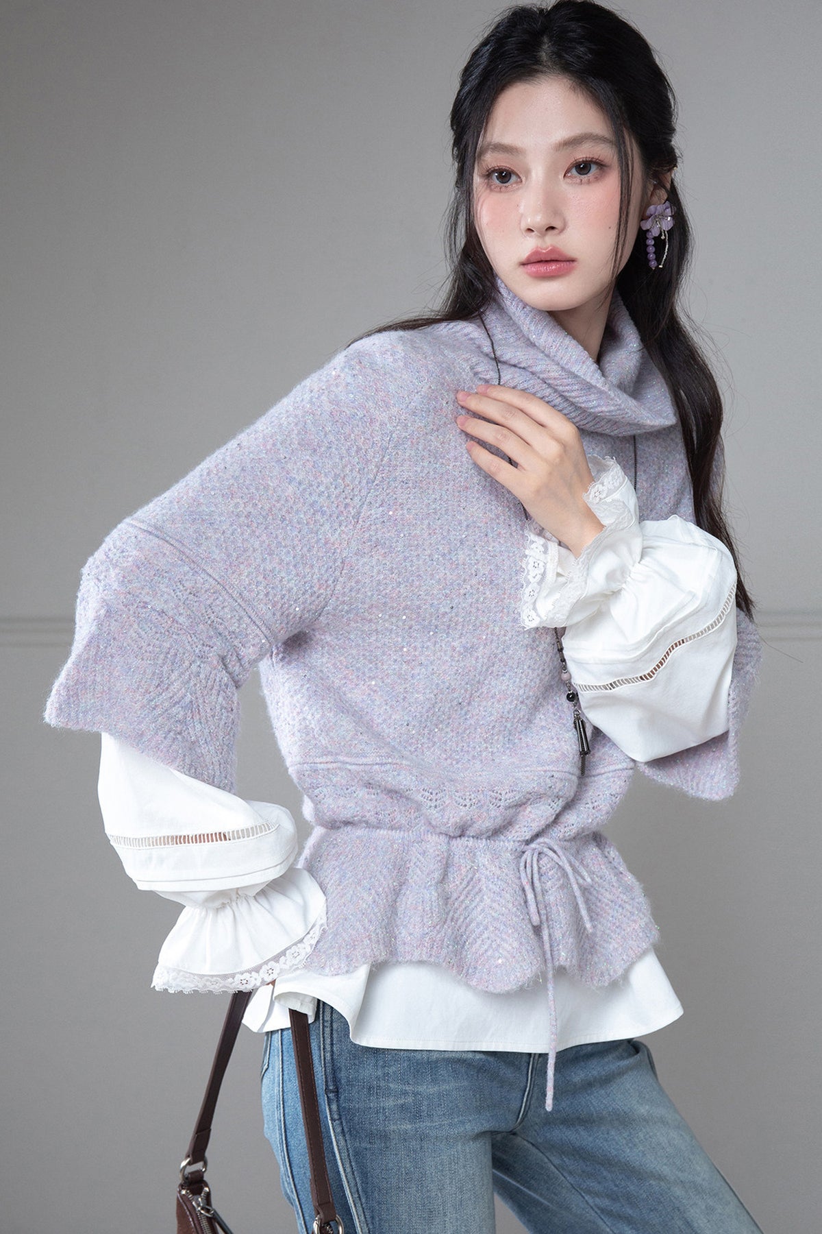 Gray-Purple Drawstring Waist Wool Sweater