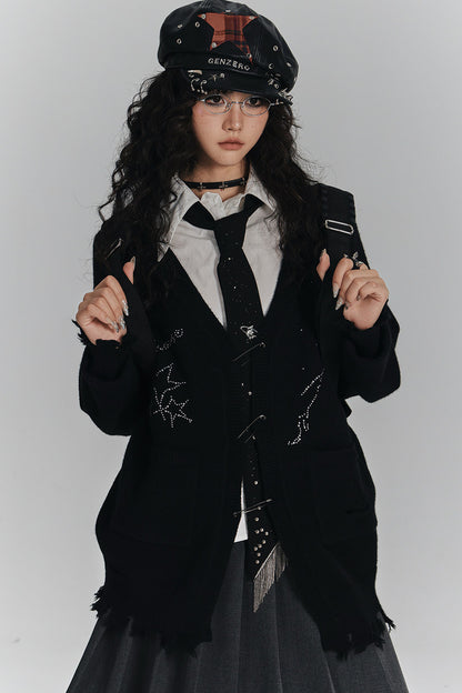 Irregular Ripped Pin V-Neck Knitted Cardigan