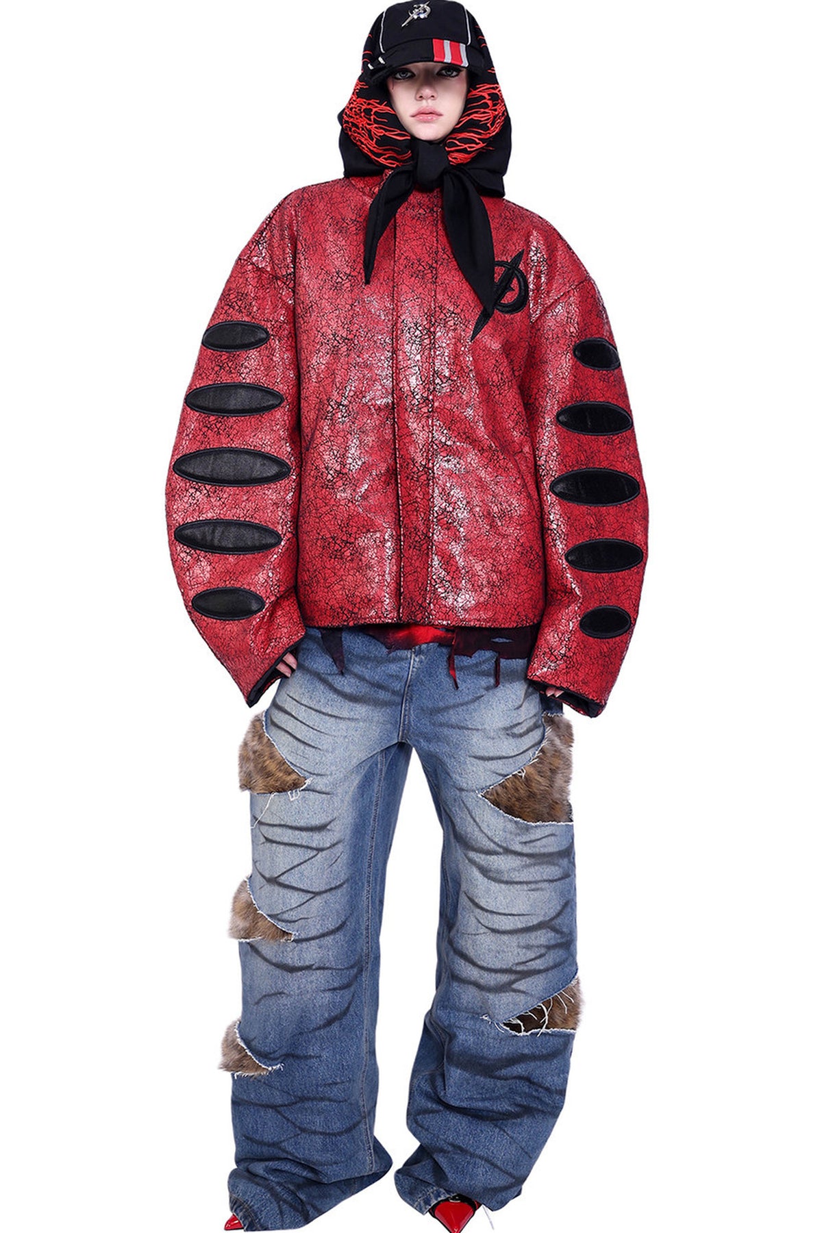 Red Cracked Leather Oversized Jacket