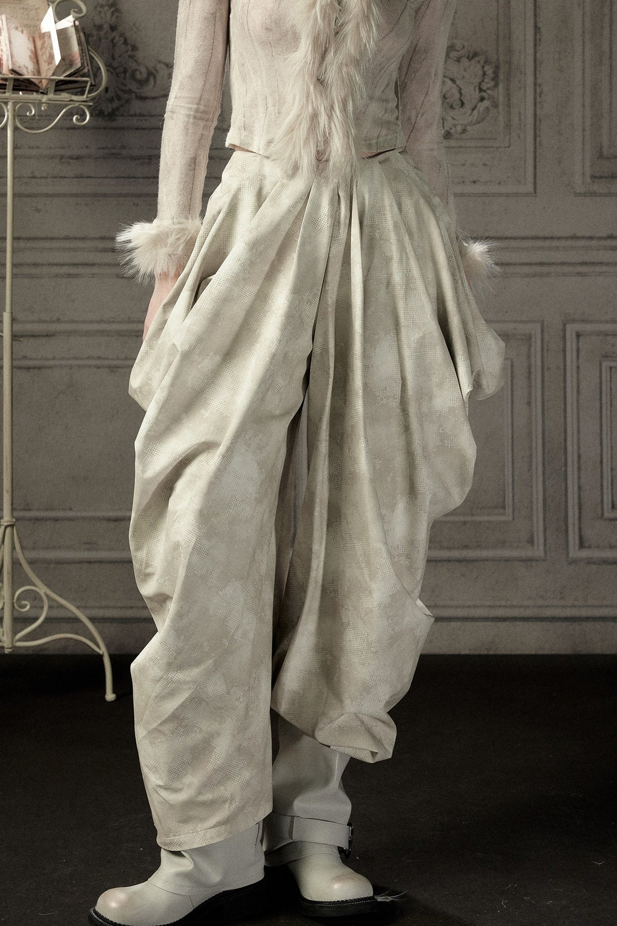 Beige Asymmetrical Stacked Long Pants