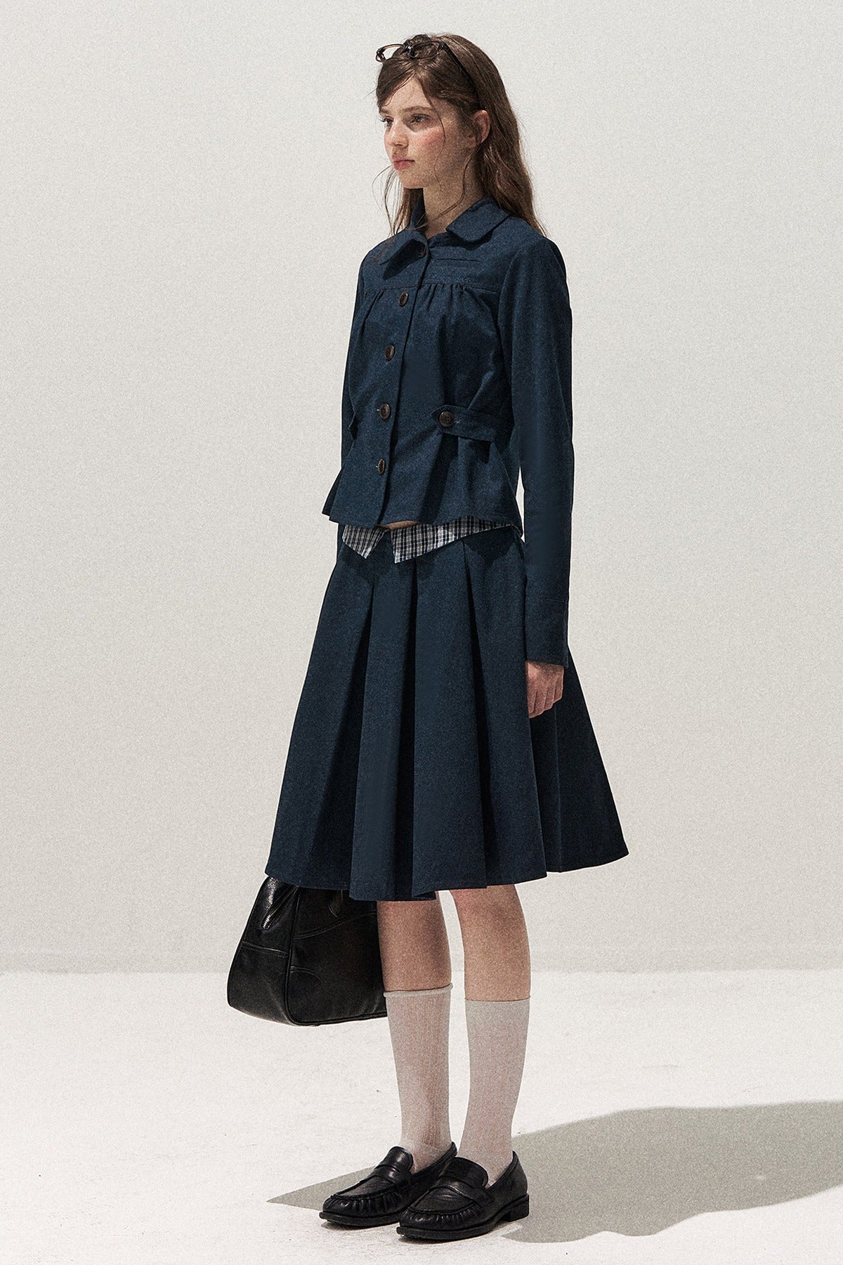 Navy Denim Jacket and Pleated Skirt Set-Up
