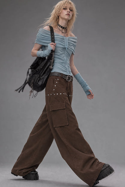 Off-Shoulder Pleated Knit Top