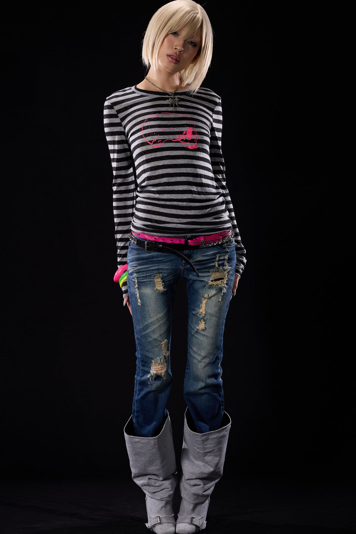 Skull Print Striped Long-Sleeve T-Shirt