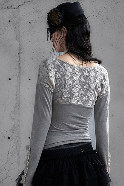 蕾絲拼接刺繡Long sleeve針織上衣