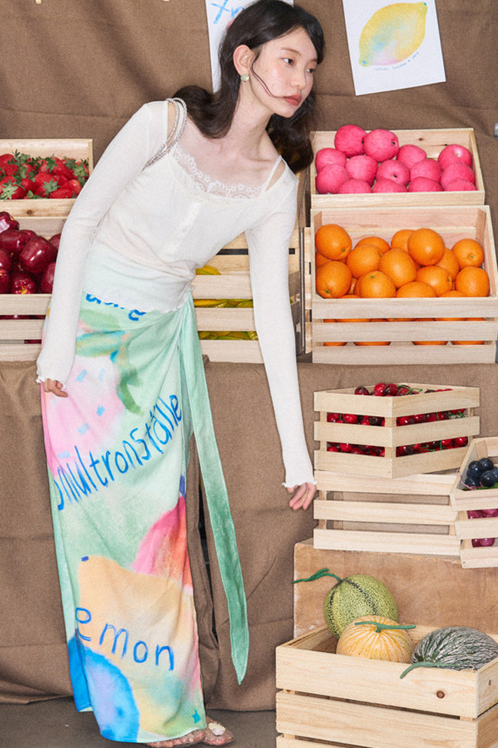 Hand-Painted Fruit Print T-Shirt and Wrap Skirt Set-Up