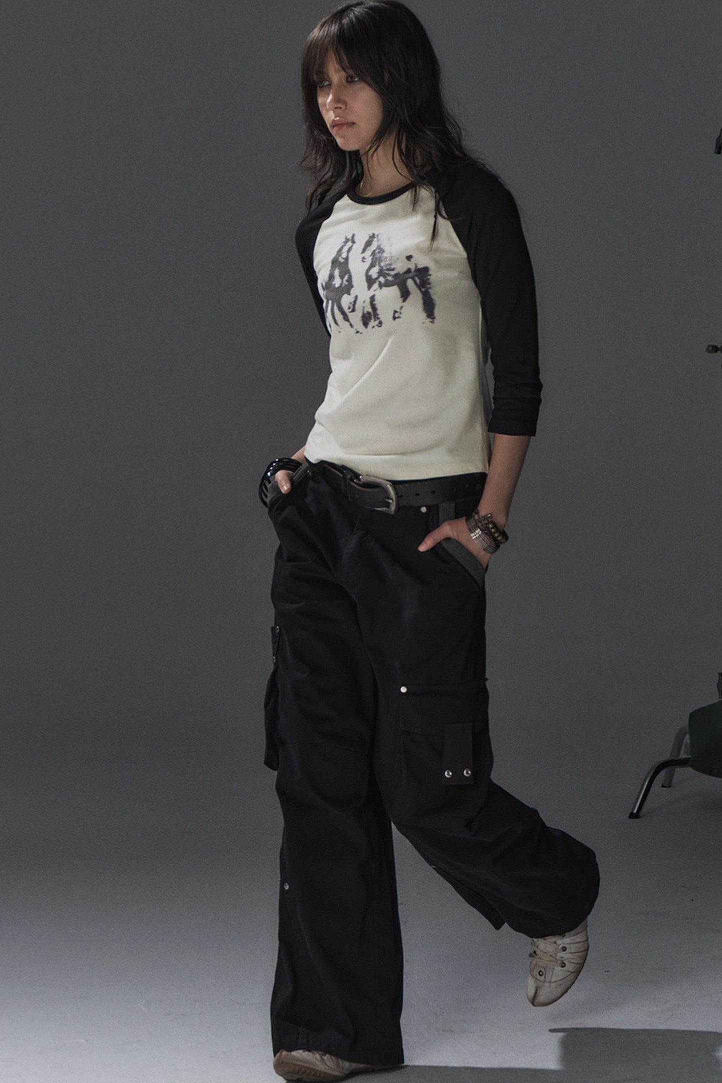 Pony Print Black White Splicing Raglan T-shirt