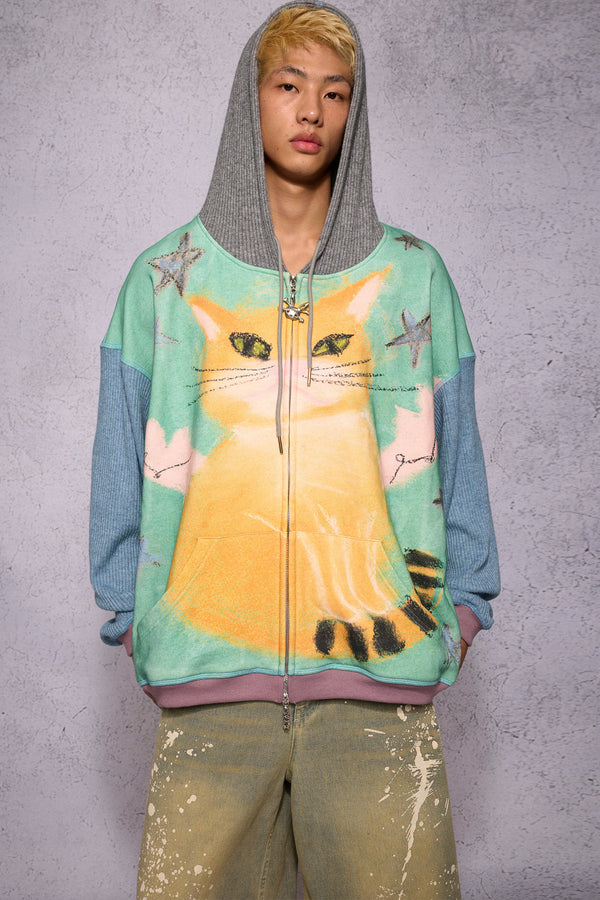 Cat Print Patchwork Sweatshirt Jacket