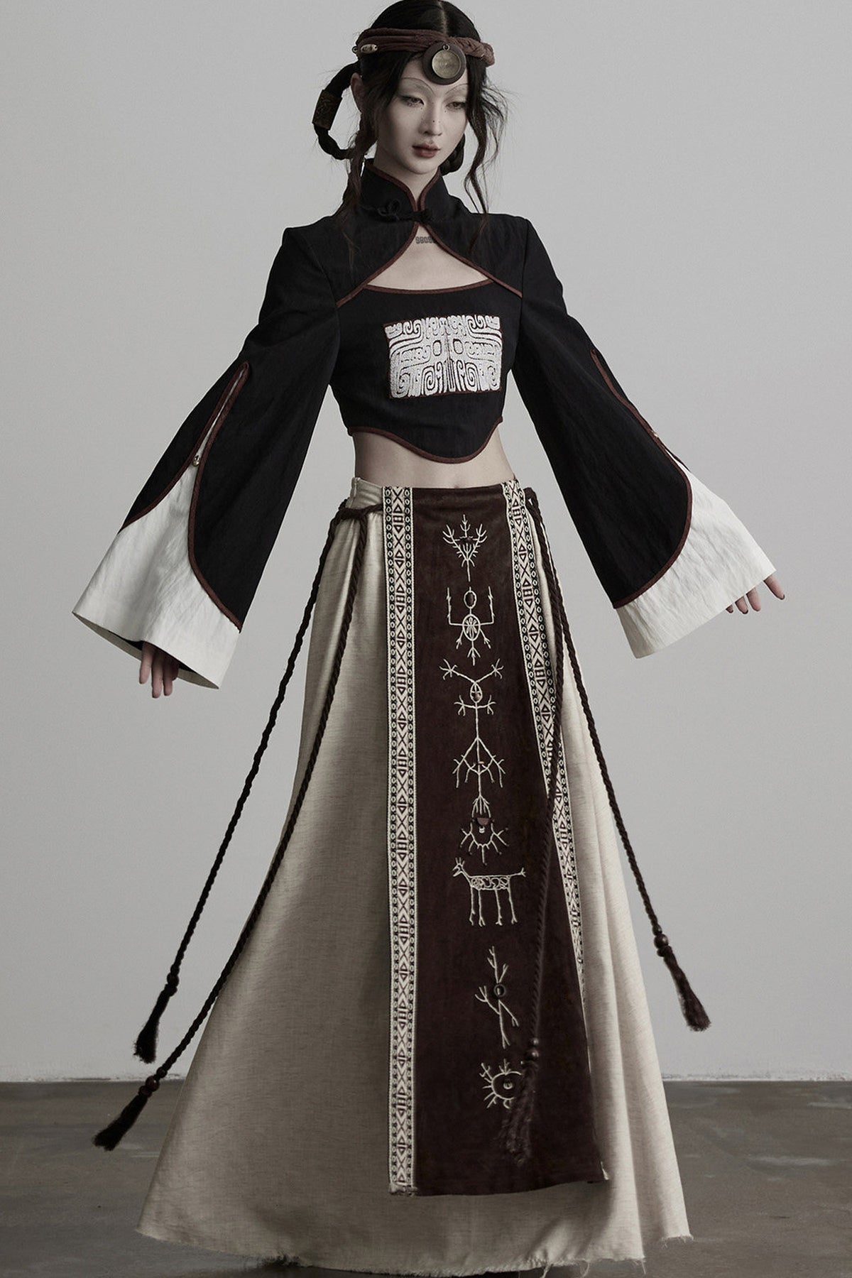 Embroidered Suede Panel Skirt