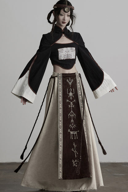 Embroidered Suede Panel Skirt