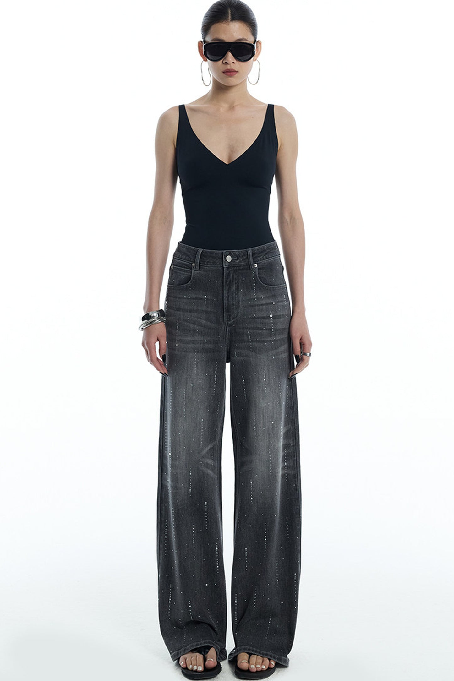 Scattered Rhinestone Wide-Leg Jeans