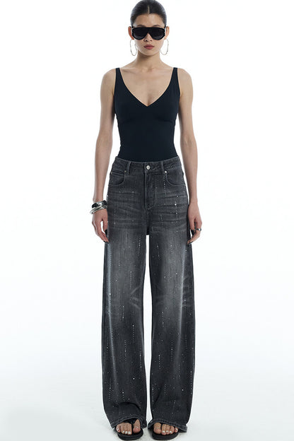 Scattered Rhinestone Wide-Leg Jeans