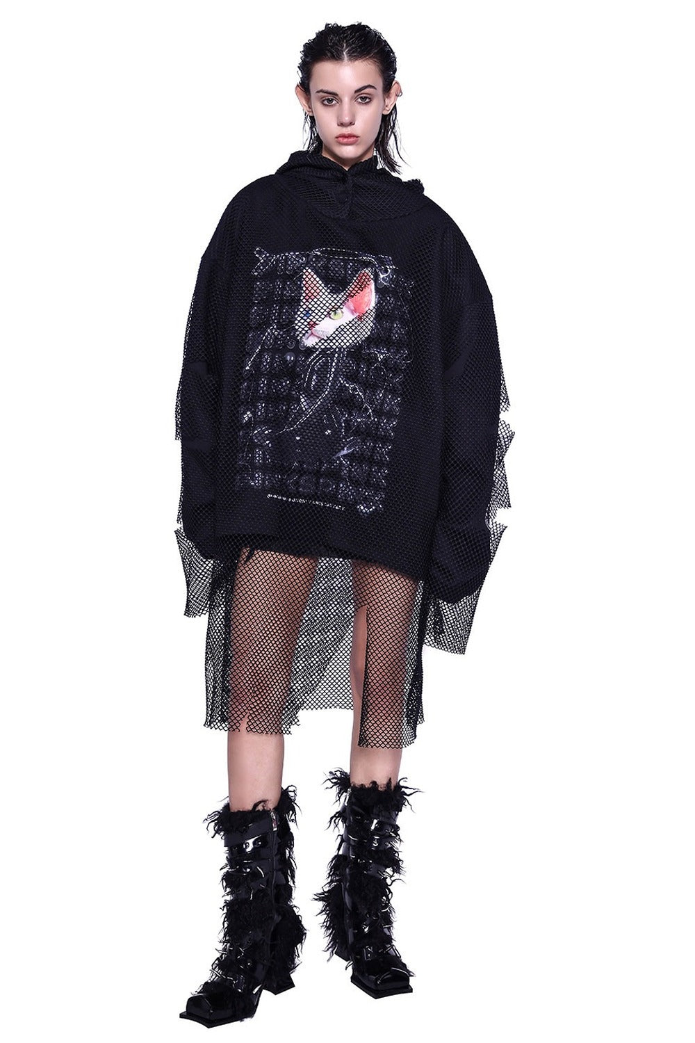Cat Ear Layered Mesh Hooded Sweatshirt