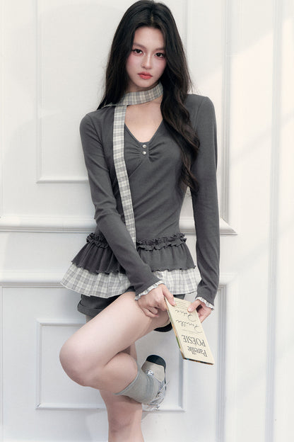 Plaid V-Neck Top and Shorts Set-Up