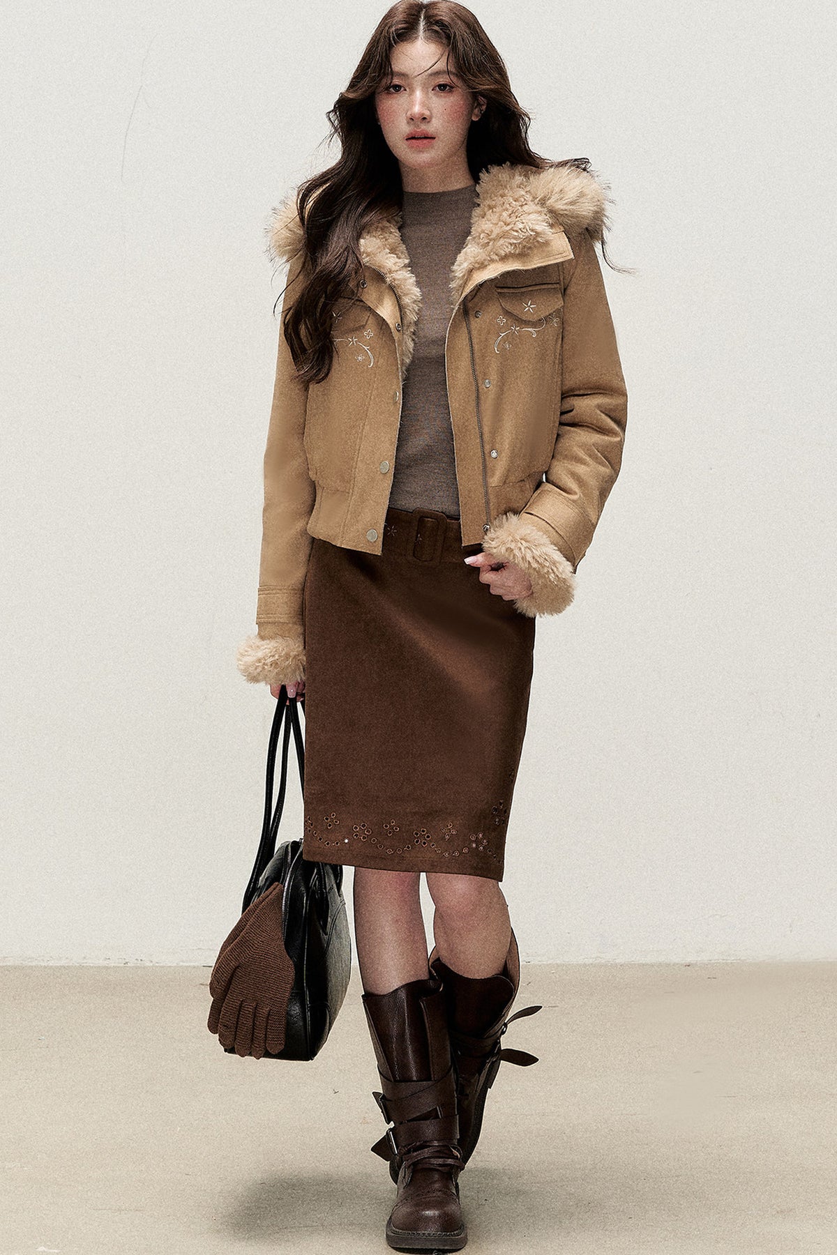 Retro Suede Embroidered Floral Midi Skirt
