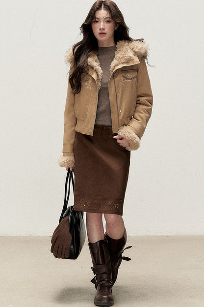 Retro Suede Embroidered Floral Midi Skirt