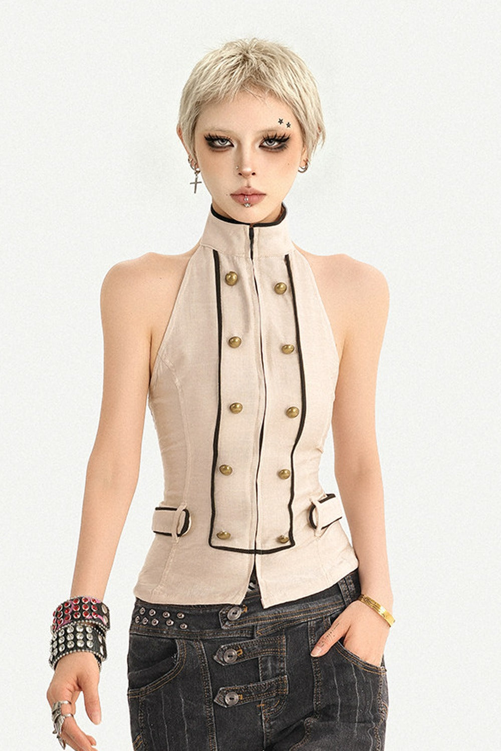 Sleeveless Backless Double-Breasted Halter Vest