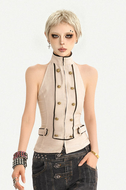 Sleeveless Backless Double-Breasted Halter Vest