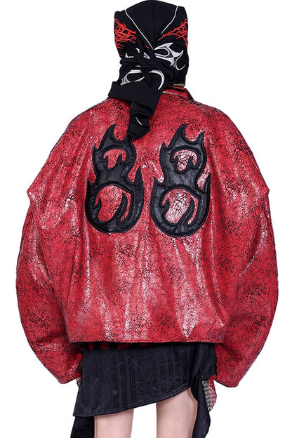 Red Cracked Leather Oversized Jacket