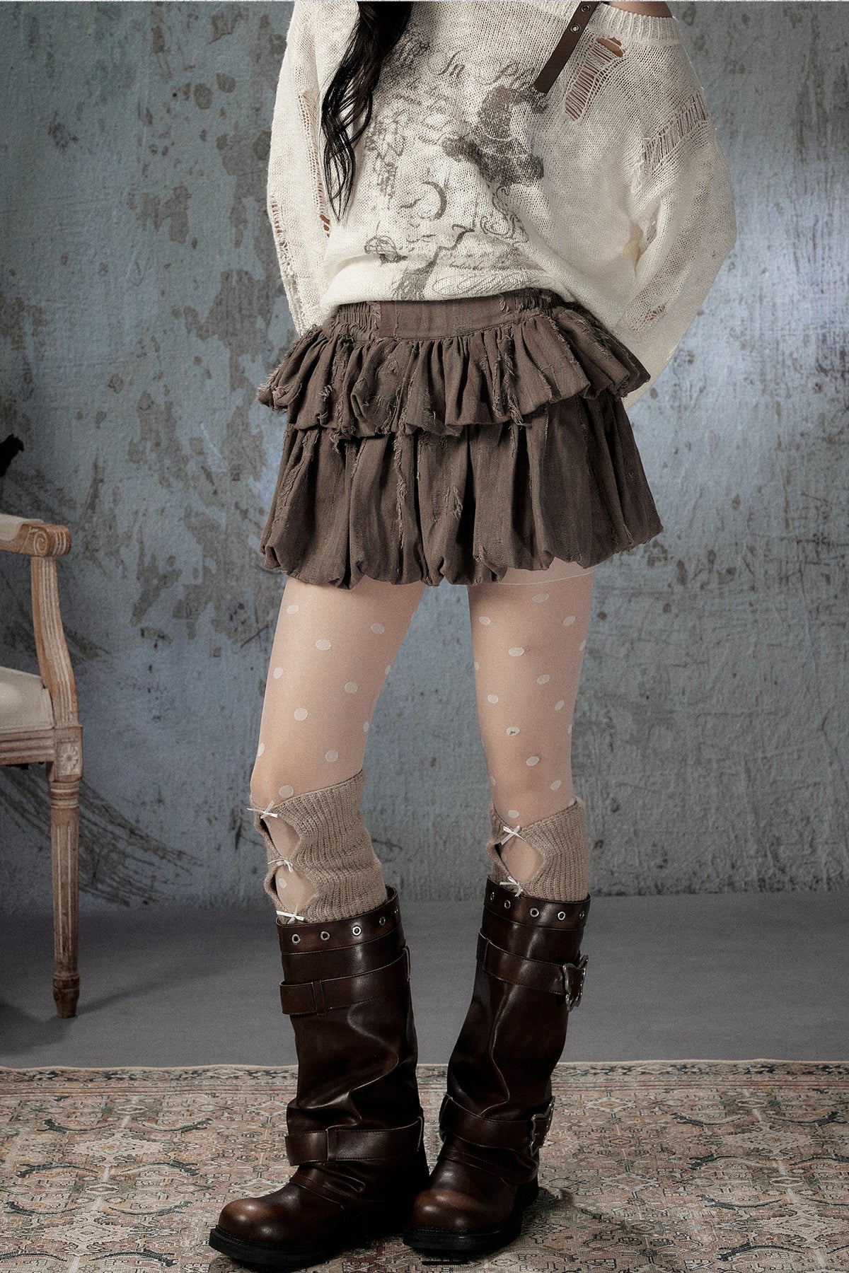 Brown Bud Waist Pleated Skirt