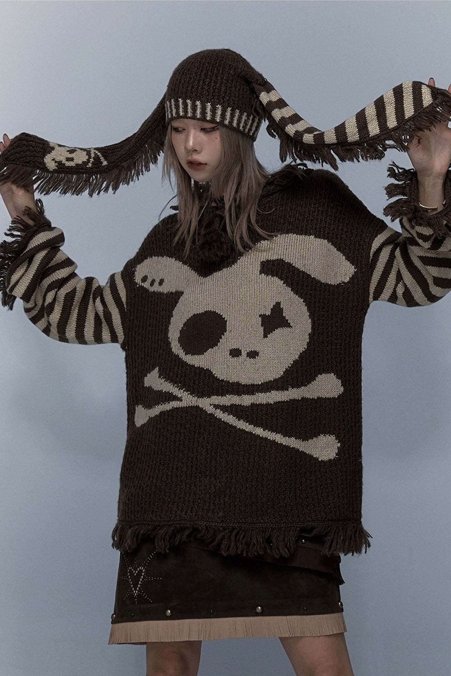 Skull Rabbit Hooded Knit Blouse