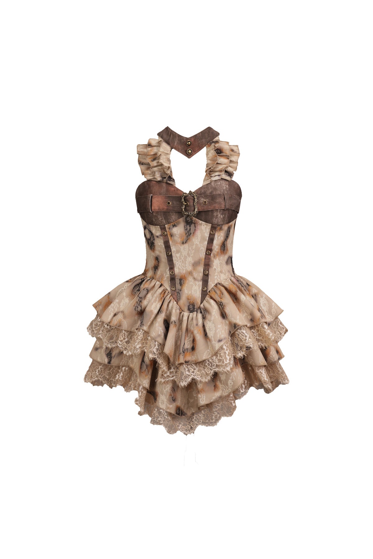 Distressed Burnt Lace Puffy Halter Dress