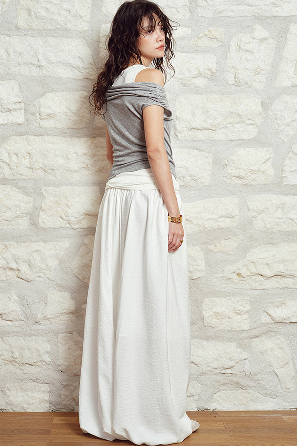 White High-Waisted Drawstring Lantern Pants