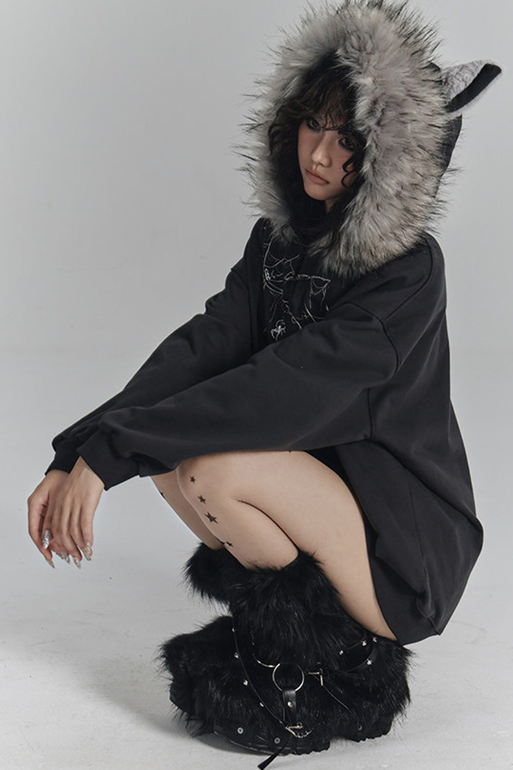 Spider Web Print Hooded Cat Ear Jacket