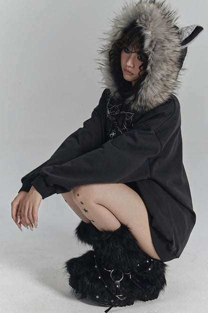 Spider Web Print Hooded Cat Ear Jacket