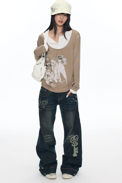Brown Layered-Look Long Sleeve T-Shirt