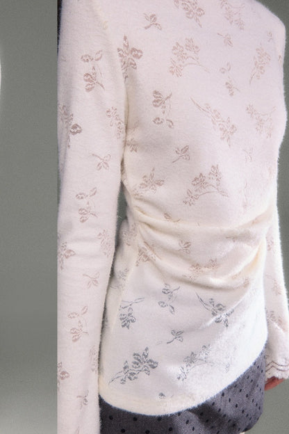 Youeruare Original Design Gardenia Mousse Hollow Lace Trim Knitted Base Shirt Long-Sleeve Top