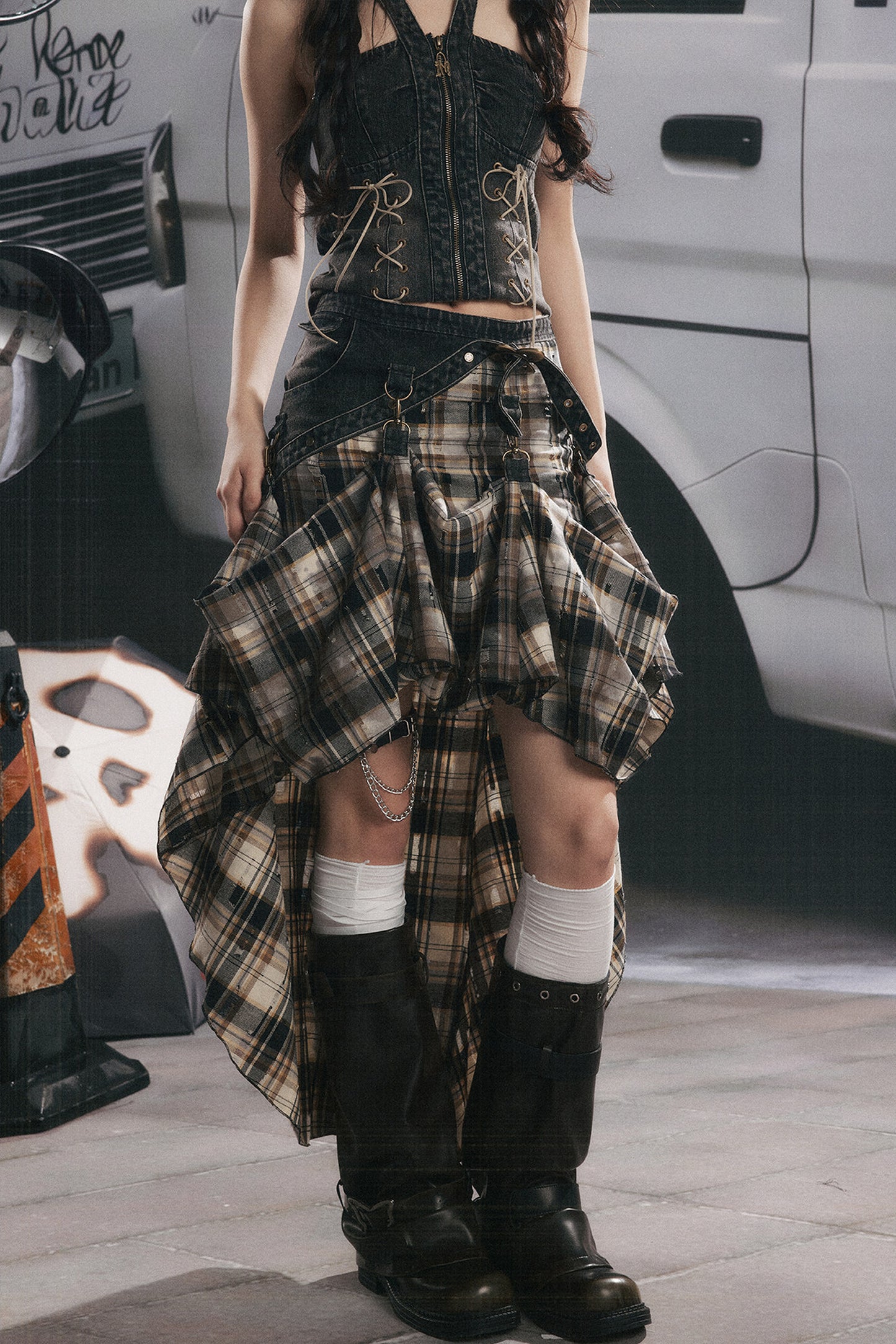 Retro Plaid Asymmetrical Denim Skirt