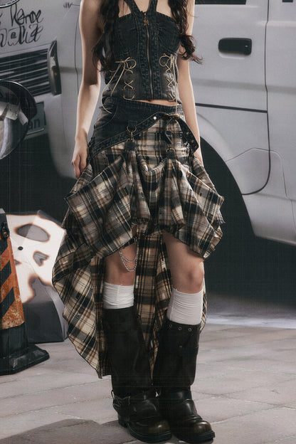Retro Plaid Asymmetrical Denim Skirt