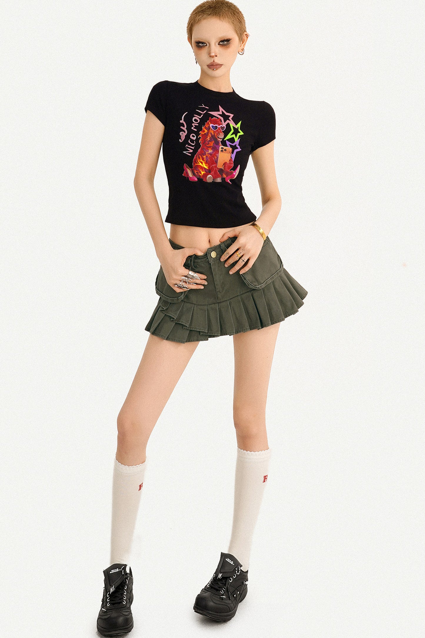 Cartoon Print Black Crop Top
