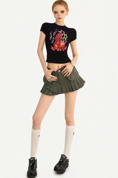 Cartoon Print Black Crop Top