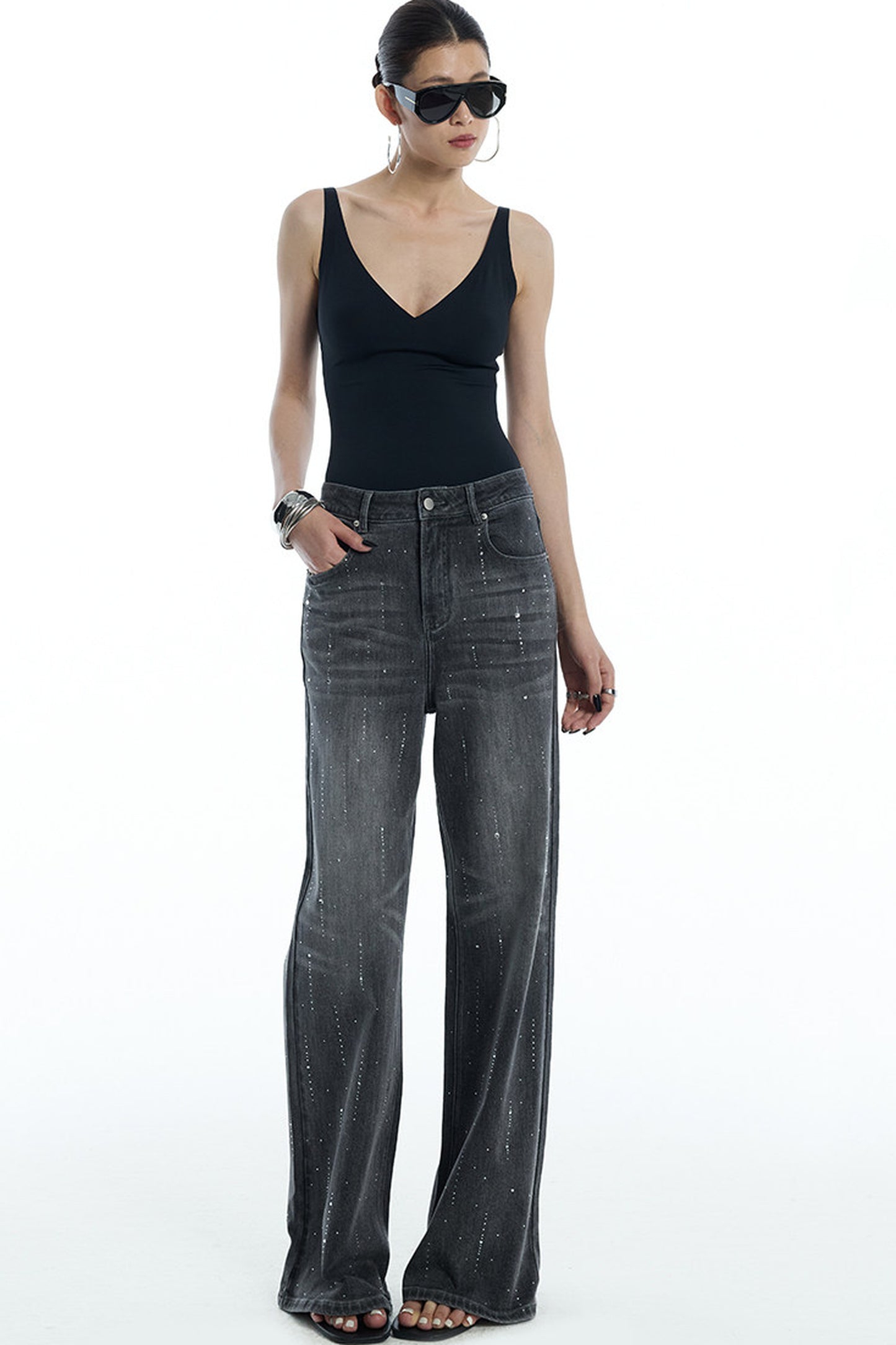 Scattered Rhinestone Wide-Leg Jeans