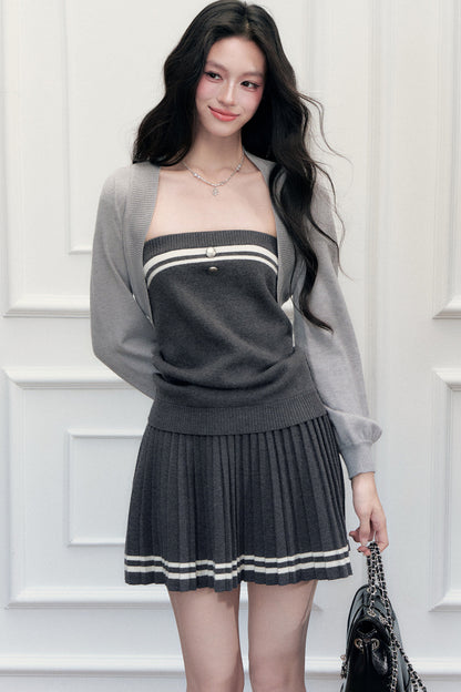 Striped Knit Vest Skirt and Jacket Set-Up