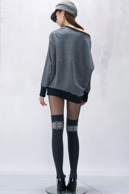 Off-Shoulder Letter Embroidered Sweatshirt