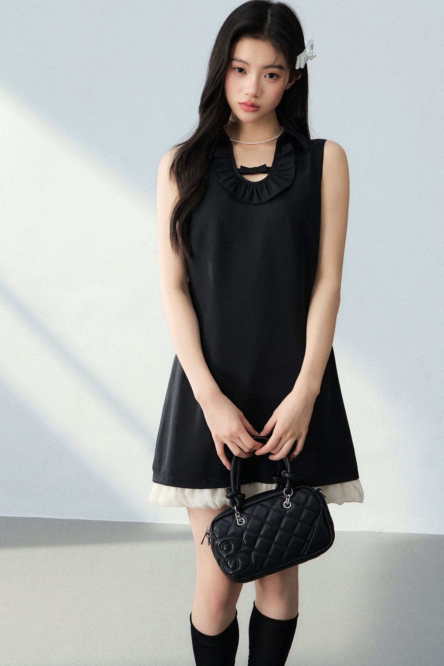 Bowknot Ruffle A-Line Black Dress