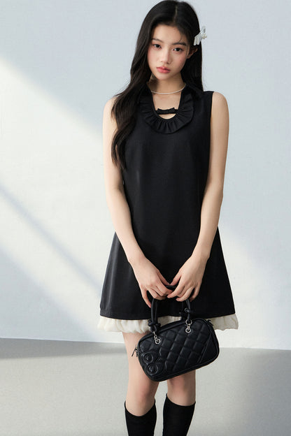 Bowknot Ruffle A-Line Black Dress