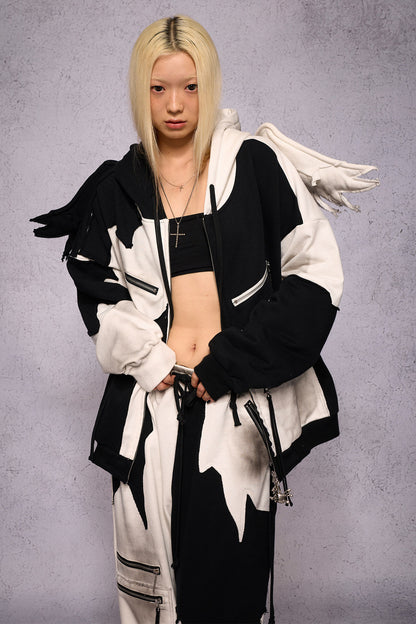 Distressed Black White Angel Zipper Hoodie