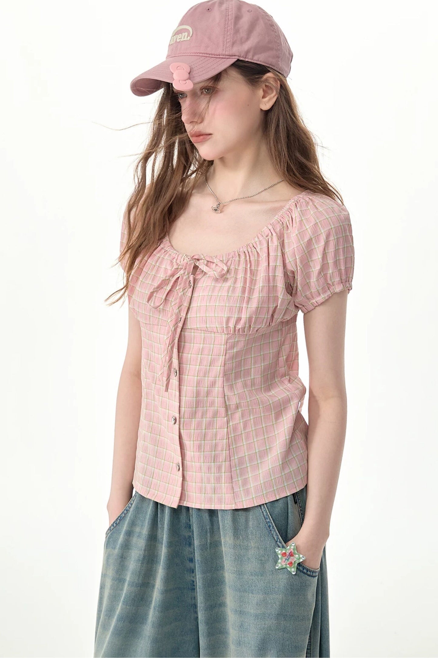 Pink Plaid Puff Sleeve Top
